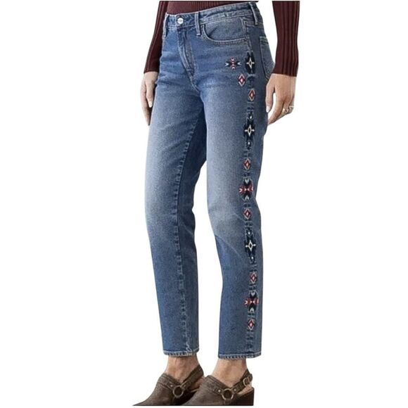 Driftwood Gizelle Aztec Embroidered Girlfriend Slim Jeans Size 28 Medium Wash - Picture 1 of 10